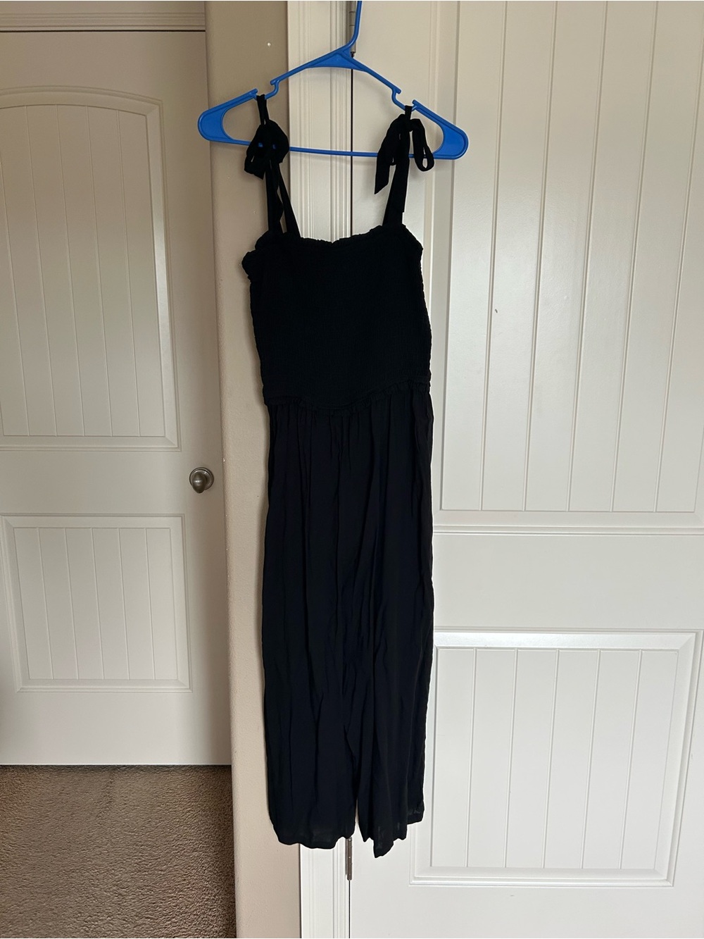 Eyeshadow Black Smocked Jumpsuit with Tie Straps